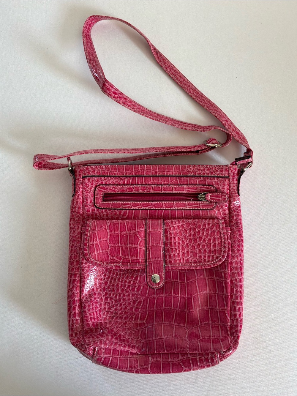 Pink Croc Embossed Crossbody Organizer Bag Faux Leather Multi Pocket